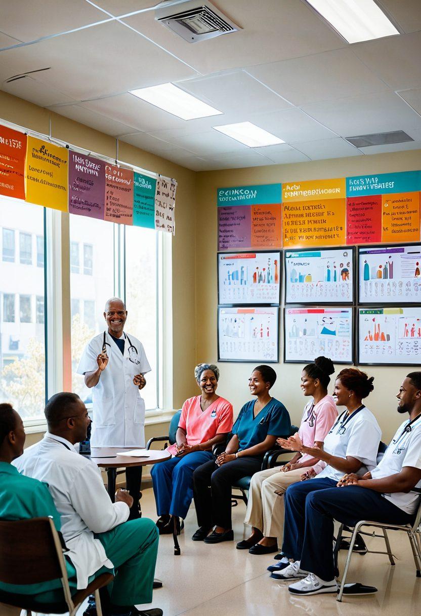 A diverse group of patients and medical professionals engaging in a supportive discussion about surgical oncology. The scene should depict an inviting hospital setting with charts and wellness pamphlets visible. Include elements of empowerment such as a 'Hope' banner and positive gestures like high-fives and smiles. Emphasize a sense of community and hope for recovery. vibrant colors. super-realistic.