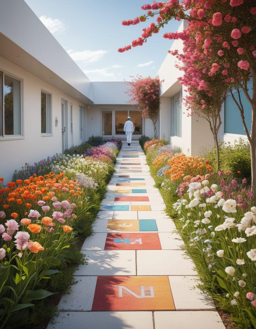 A powerful visual representation of a journey through cancer surgery, featuring a serene pathway, symbolizing hope, lined with blooming flowers and supportive figures. Overlay transparent images of medical tools, a hospital, and a person looking towards the horizon representing recovery and resilience. Soft, warm colors to evoke feelings of comfort and determination. super-realistic. vibrant colors. white background.