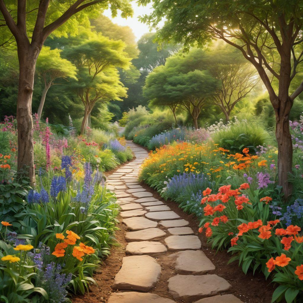 A serene pathway winding through a lush garden, symbolizing the journey to recovery with vibrant flowers and soft sunlight filtering through the trees. Alongside, subtle illustrations of surgical tools and holistic care, like herbs and wellness icons, blend into the scenery. Incorporate a diverse group of people of different ages and backgrounds, sharing support and knowledge on recovery. The overall feel should evoke hope, healing, and community. super-realistic. vibrant colors. soft focus.
